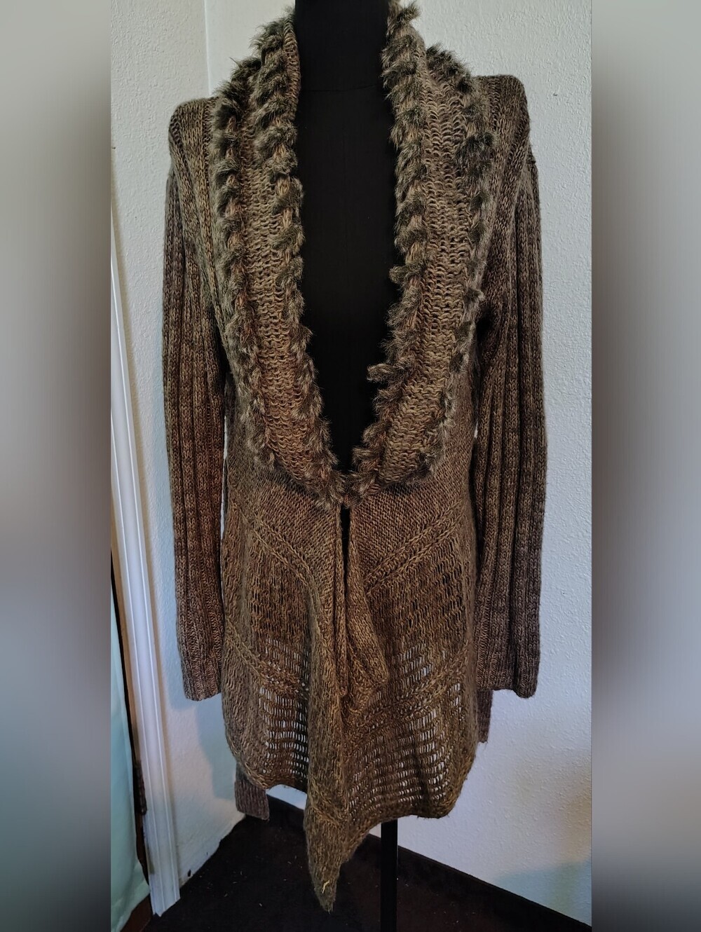 RXB Brown Wool Blend Faux-Fur Trim Belted Boho Cardigan Sweater Women Teen Large - Picture 2 of 13